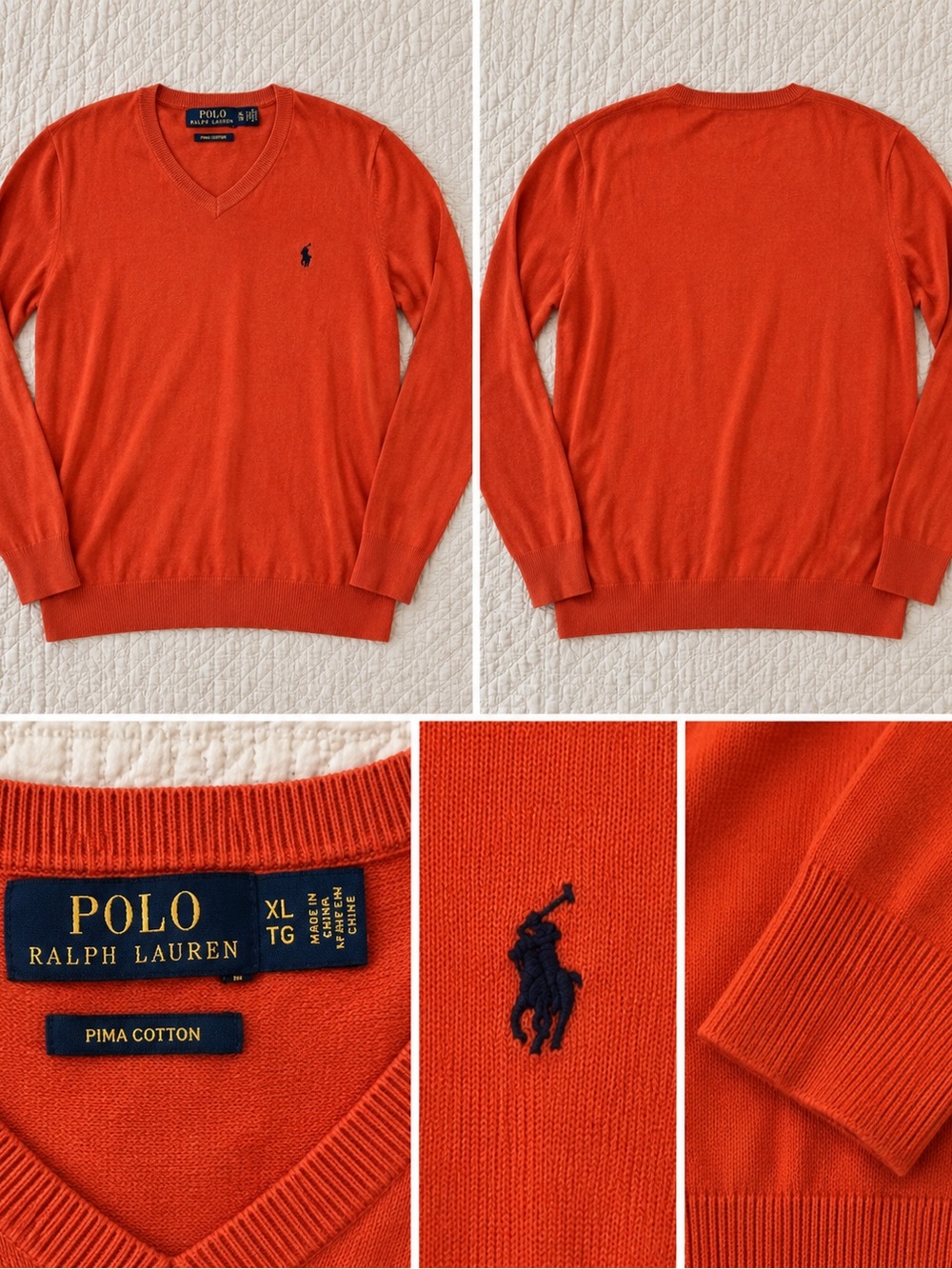 Polo by Ralph Lauren Orange V-Neck Pima Cotton Sweater with Navy Pony